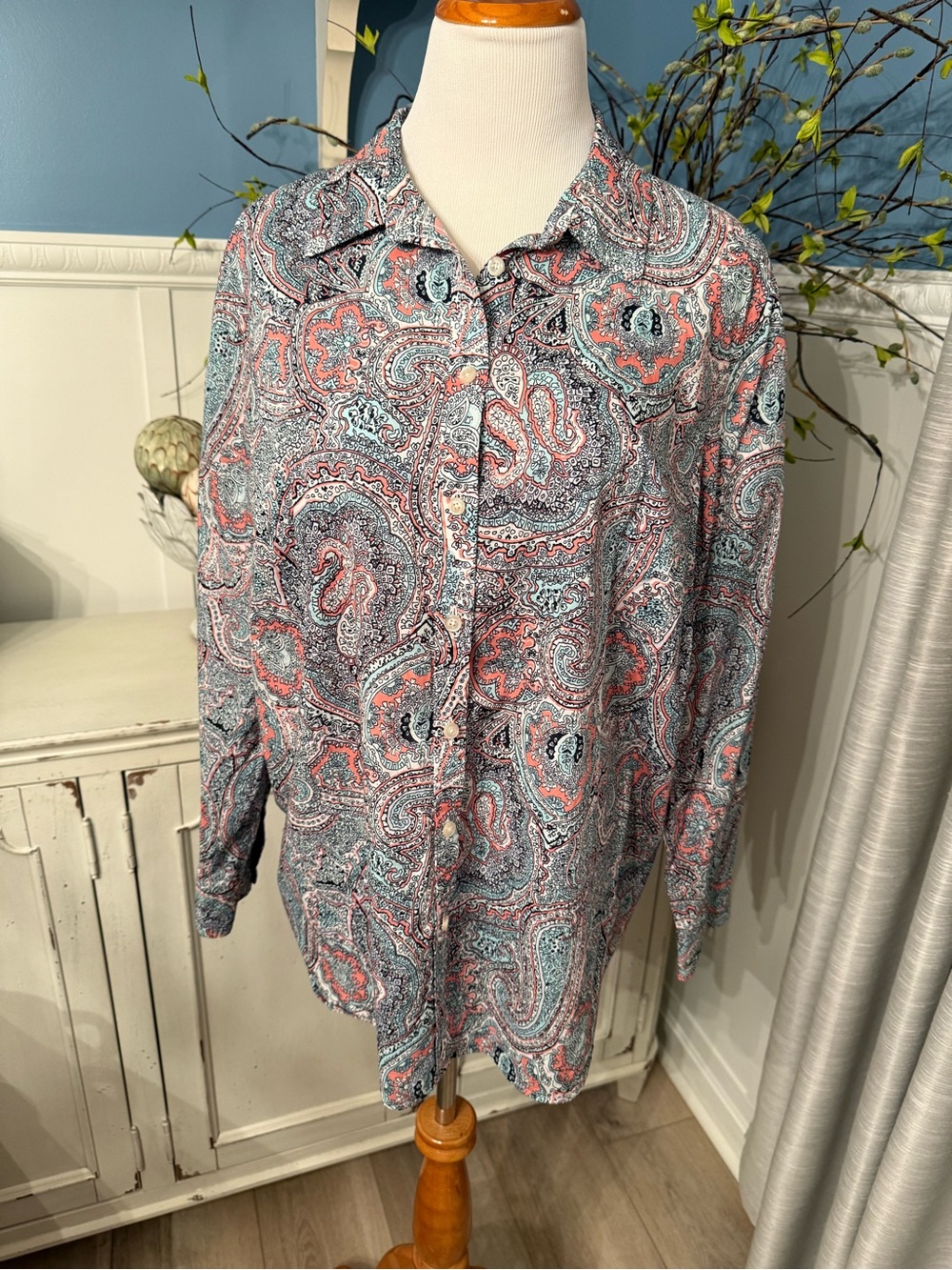 Talbots Paisley Button-Down Shirt in Coral, Teal & White
